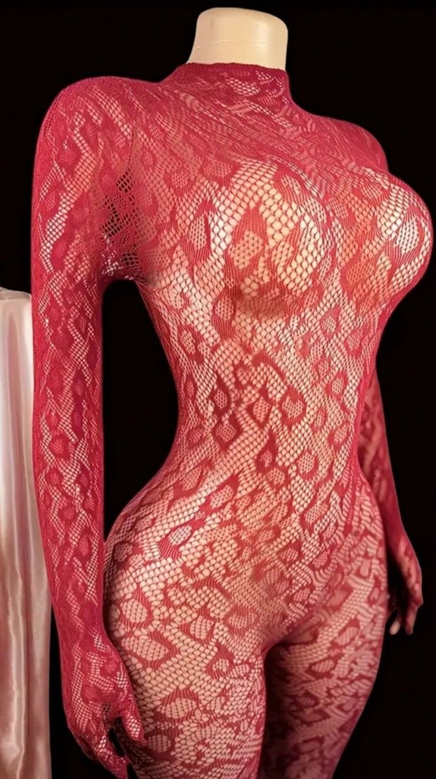 Kırmızı Yılan Desenli vücut çorabı Dantel Midi Elbise - Görsel 2