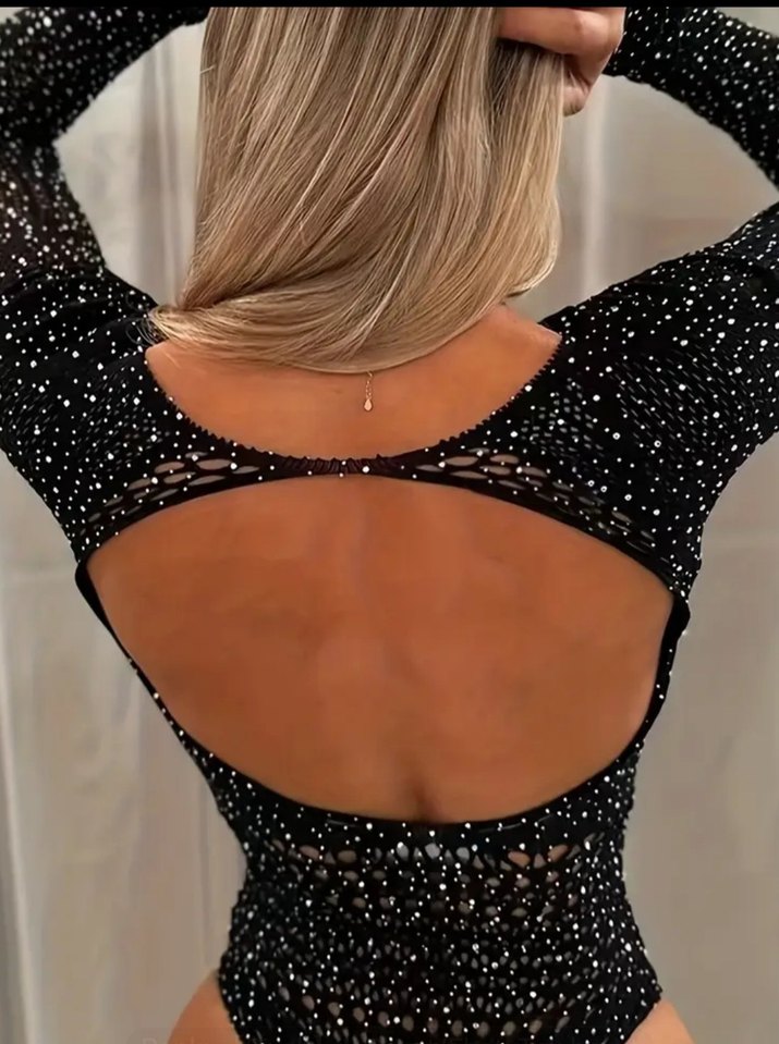 Parlak Taşlı Siyah Uzun Kollu Monokini bodysuit - Görsel 2