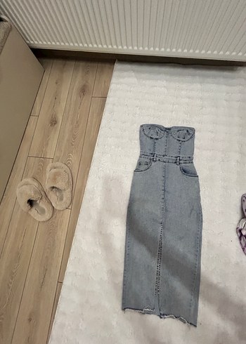 m Beden mavi Renk Kadın Gri Denim Midi Elbise