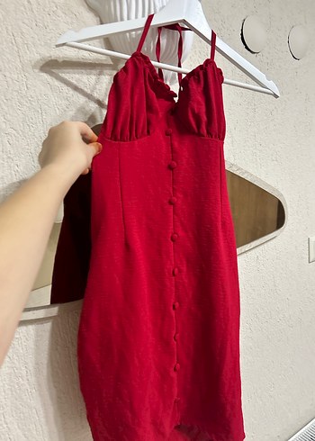 Kırmızı Düğmeli Straplez Mini Elbise