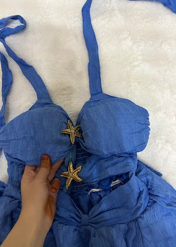 m Beden Mavi Keten Mini Halter Yaka Fırfırlı elbise
