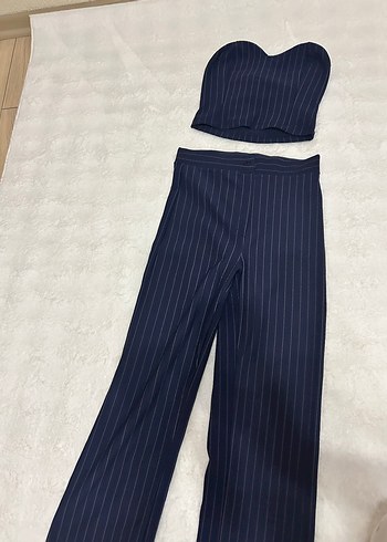Lacivert Çizgili Kadın Kumaş Pantolon crop üst
