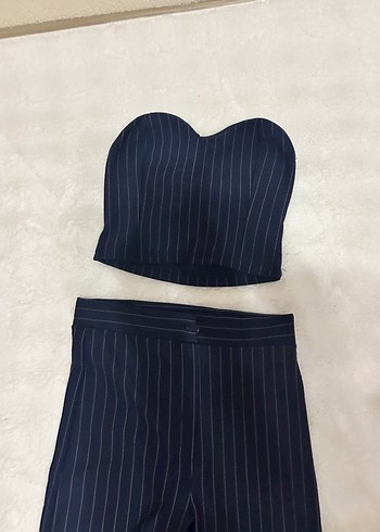 s Beden Lacivert Çizgili Kadın Kumaş Pantolon crop üst