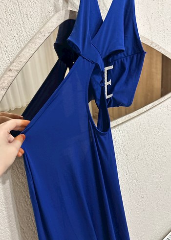 m Beden mavi Renk Mavi V Yaka Askılı Uzun Elbise