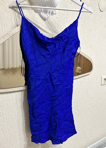 Zara Parlak Mavi İnce Askılı Midi Elbise