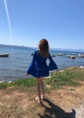 Zara Mavi Mini Bohem Kadın Elbise