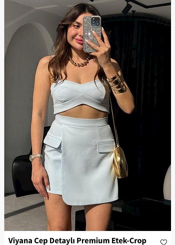 m Beden beyaz Renk Mavi crop etek ikili takım