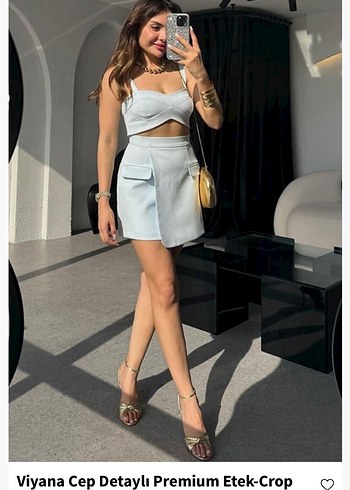 m Beden Mavi crop etek ikili takım