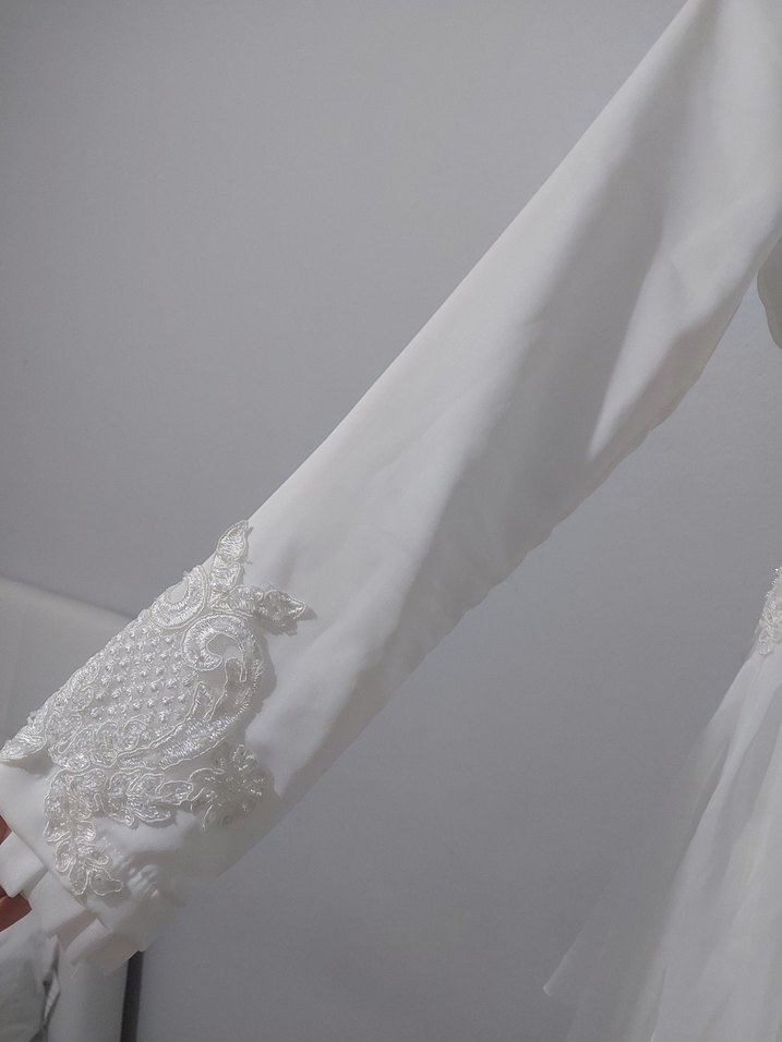 Uzun Kollu Beyaz Vintage A Kesim Gelinlik - Görsel 4