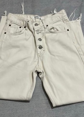 Düğmeli Beyaz Kadın Kot Pantolon - Görsel 2