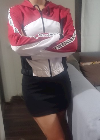 Diğer Kırmızı Gri Kapüşonlu Kısa Spor Kadın Ceket