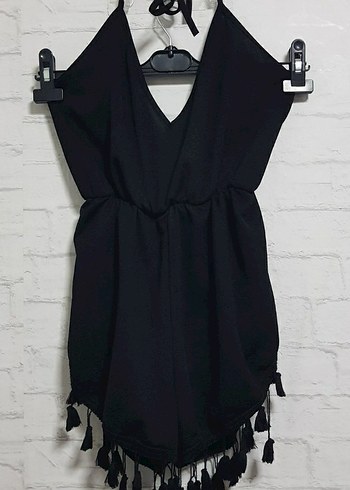 Siyah Mini V Yakalı Kadın şort Tulum - Görsel 3