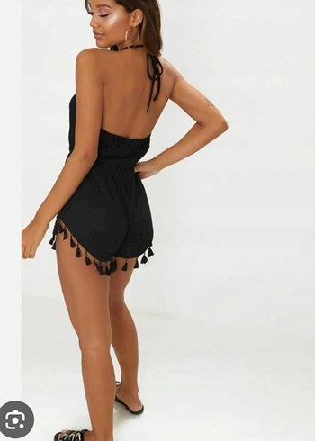 Siyah Mini V Yakalı Kadın şort Tulum - Görsel 2