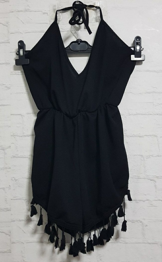 Siyah Mini V Yakalı Kadın şort Tulum - Görsel 3