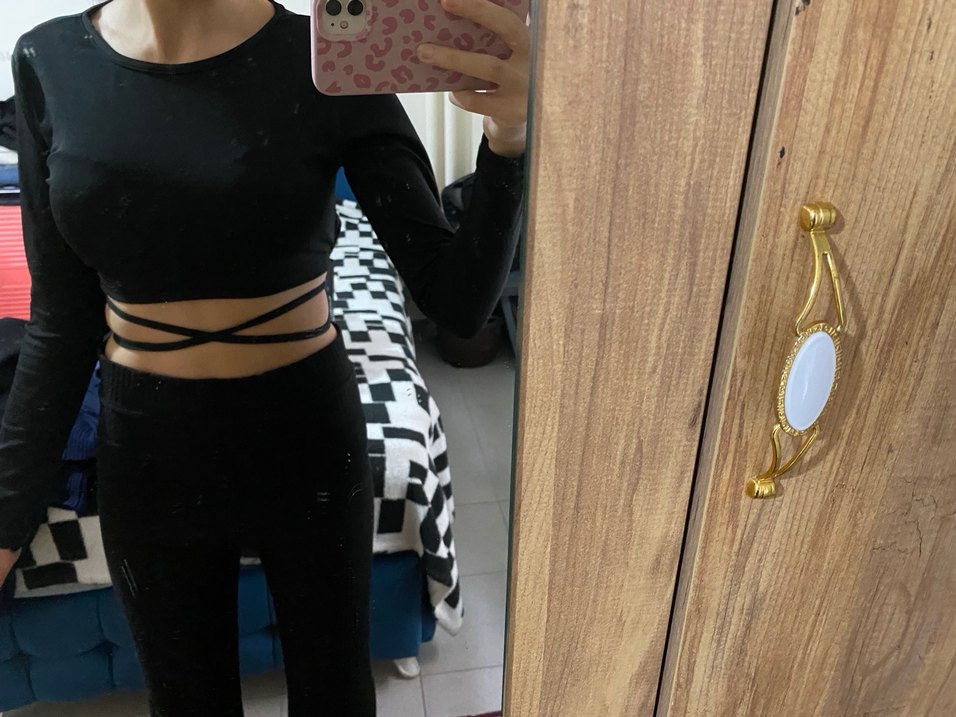 Siyah uzun kollu crop - Görsel 2