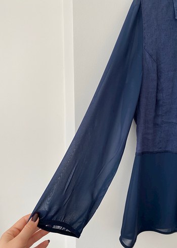 Düğmeli Gri Kadın Keten Gömlek - Görsel 2