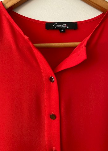 Kırmızı Uzun Kollu V Yakalı Kadın Gömlek - Görsel 2