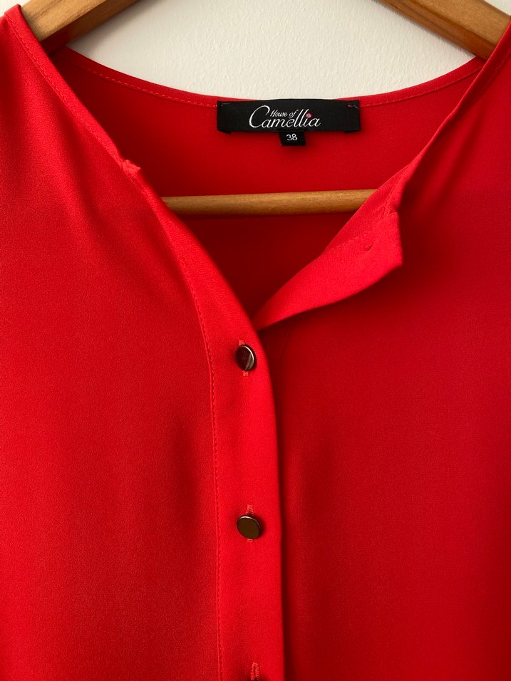 Kırmızı Uzun Kollu V Yakalı Kadın Gömlek - Görsel 2