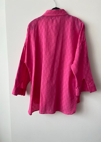 Pembe Keten Düğmeli Loose Fit Gömlek - Görsel 2