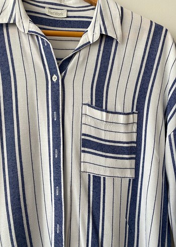 Gri Mavi Çizgili Pamuklu Kadın Gömlek - Görsel 3