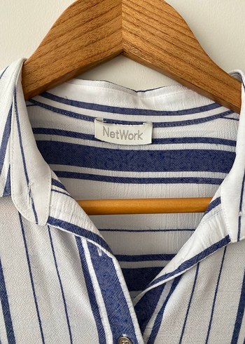 Gri Mavi Çizgili Pamuklu Kadın Gömlek - Görsel 2