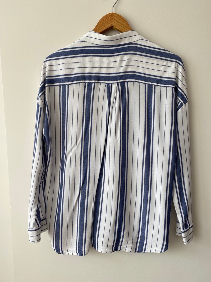 Gri Mavi Çizgili Pamuklu Kadın Gömlek - Görsel 4