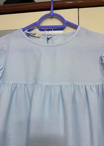 Mavi Keten Hamile Bluzu, Uzun Kollu, Fırfırlı