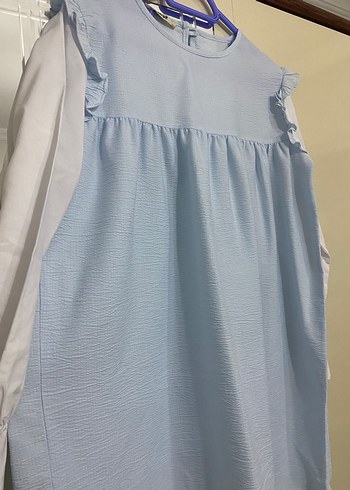 s Beden Mavi Keten Hamile Bluzu, Uzun Kollu, Fırfırlı