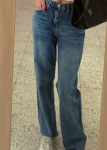 Düğmeli Mavi düz Kesim Kadın Kot Pantolon - Görsel 2