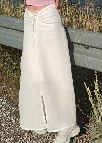Beyaz Midi Keten Drapeli Kadın Etek - Görsel 2