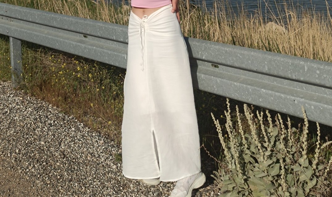 Beyaz Midi Keten Drapeli Kadın Etek - Görsel 2