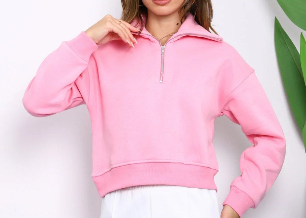 Yarım Fermuarlı Pembe Kadın Crop Sweatshirt - Görsel 2