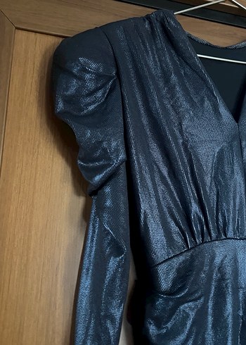 Abiye lacivert Drapeli Uzun Kollu V Yaka Gece Elbisesi