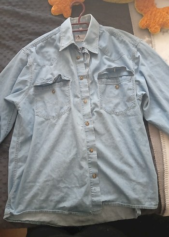 Düğmeli Gri Kadın Denim Gömlek