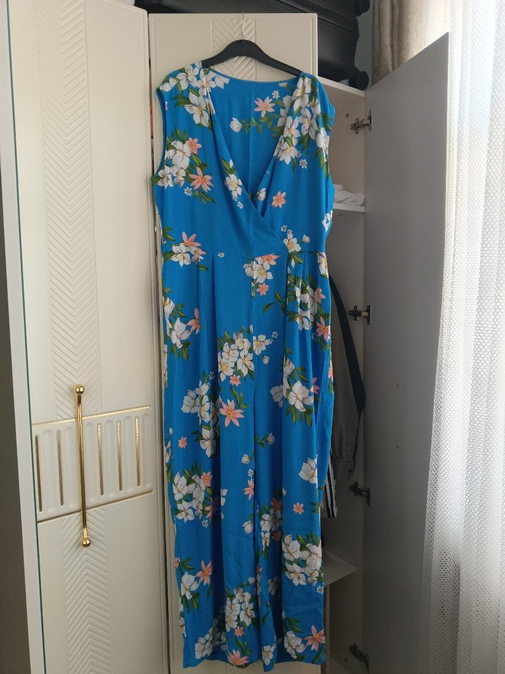 Mavi Çiçek Desenli Uzun Hamile Tulum - Görsel 2