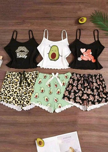 universal Beden Diger Kadın Desenli Mini Pijama Takımı 3 tane Birbirine
