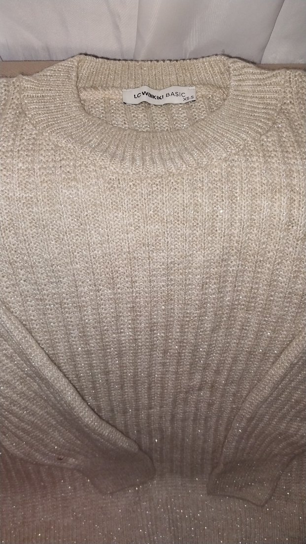 Bej Kadın Simli Triko Kazak Uzun Kollu - Görsel 2