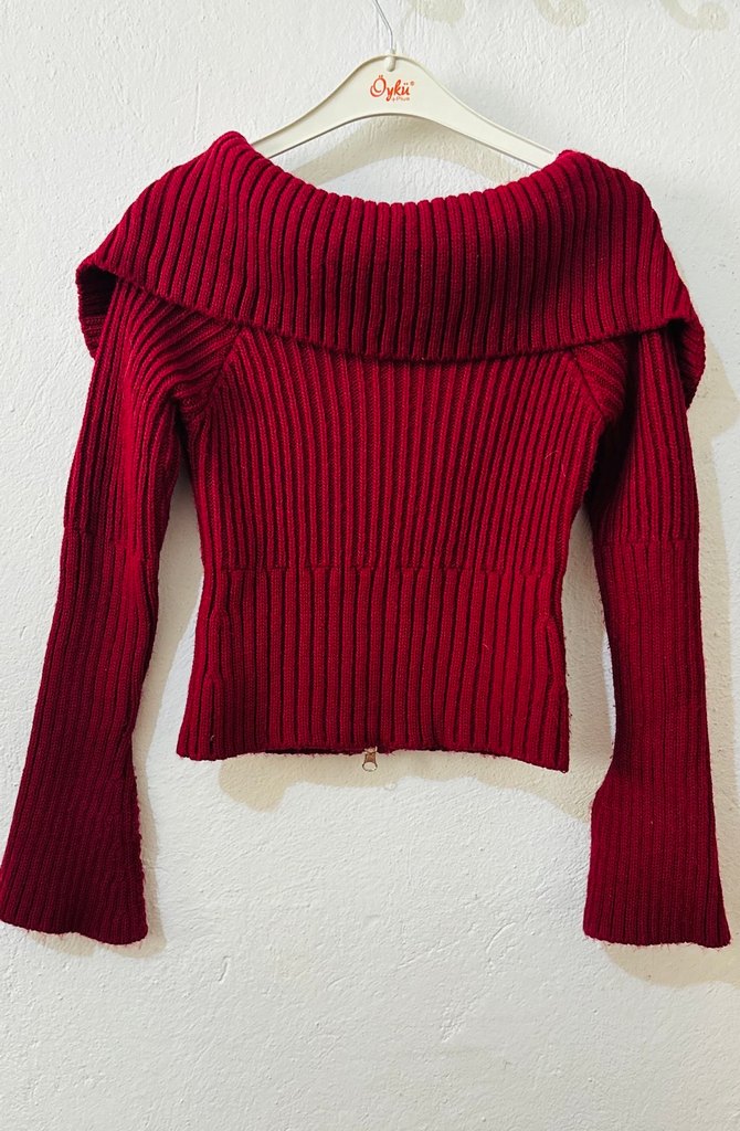 Bordo Yüksek Yaka Fitilli Kadın Kazak - Görsel 4