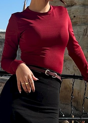 Bordo Uzun Kollu Basic Kadın Bluz - Görsel 3