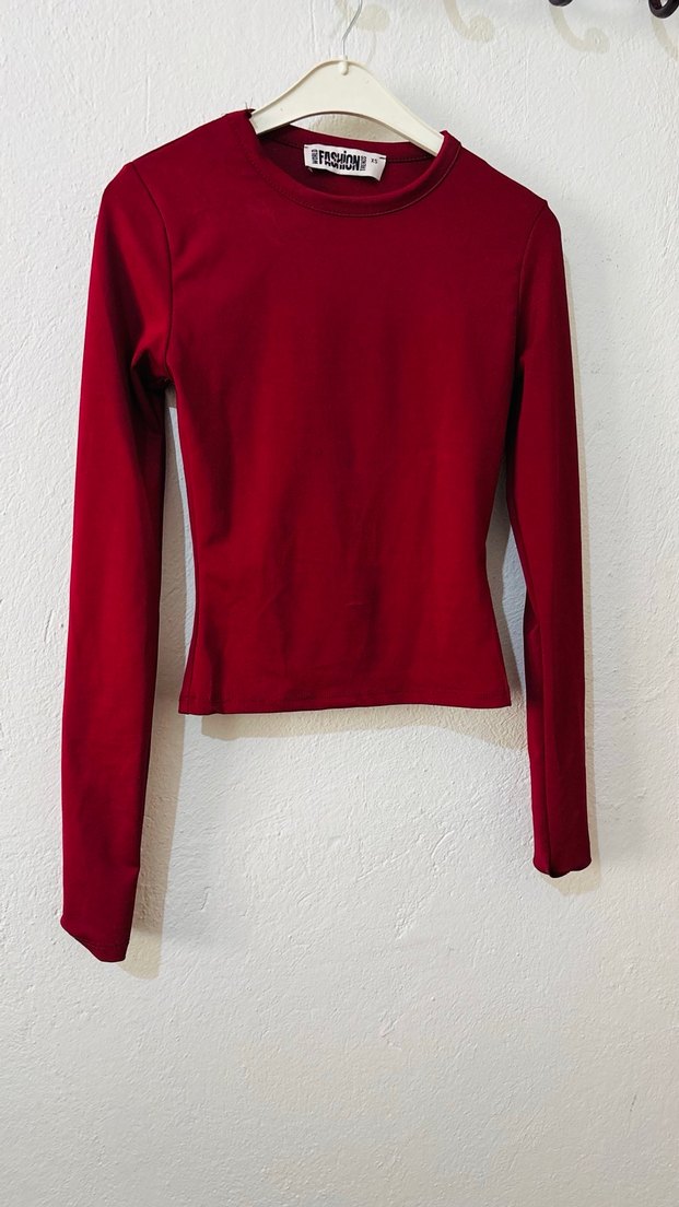 Bordo Uzun Kollu Basic Kadın Bluz - Görsel 2