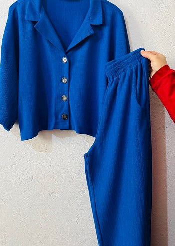 Düğmeli Mavi Kadın Gömlek Pantolon takım - Görsel 2