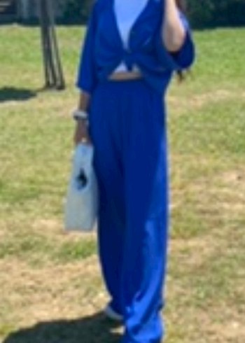 Düğmeli Mavi Kadın Gömlek Pantolon takım - Görsel 5