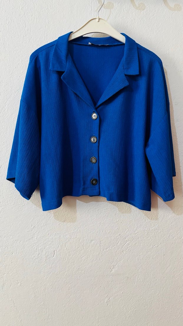 Düğmeli Mavi Kadın Gömlek Pantolon takım - Görsel 3