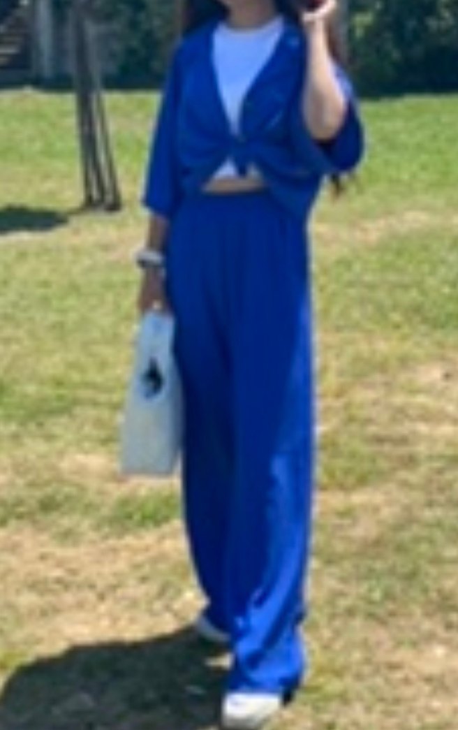 Düğmeli Mavi Kadın Gömlek Pantolon takım - Görsel 5