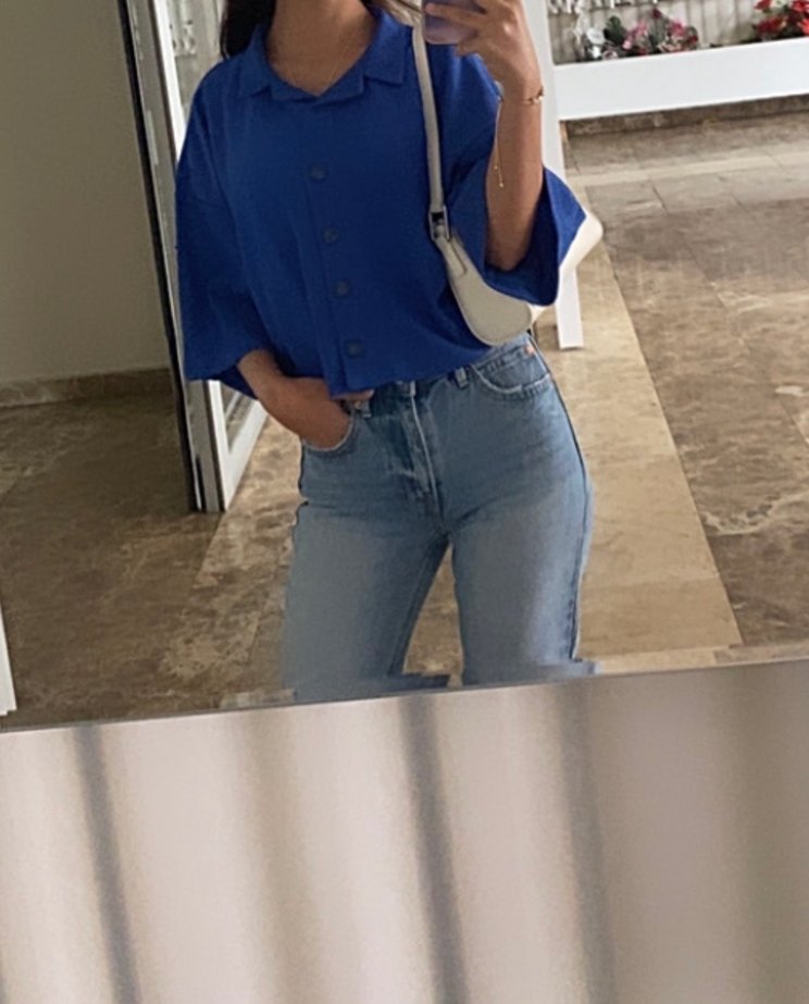 Düğmeli Mavi Kadın Gömlek Pantolon takım - Görsel 4