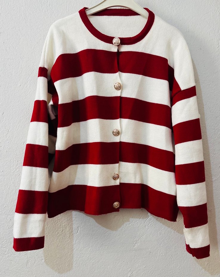 Kırmızı Beyaz Çizgili Düğmeli Kadın Hırka - Görsel 2