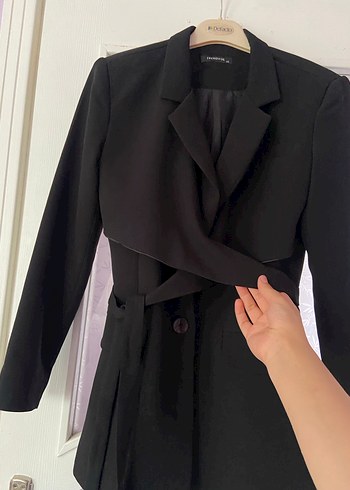 m Beden Kemer Detaylı Siyah Midi Kadın Blazer