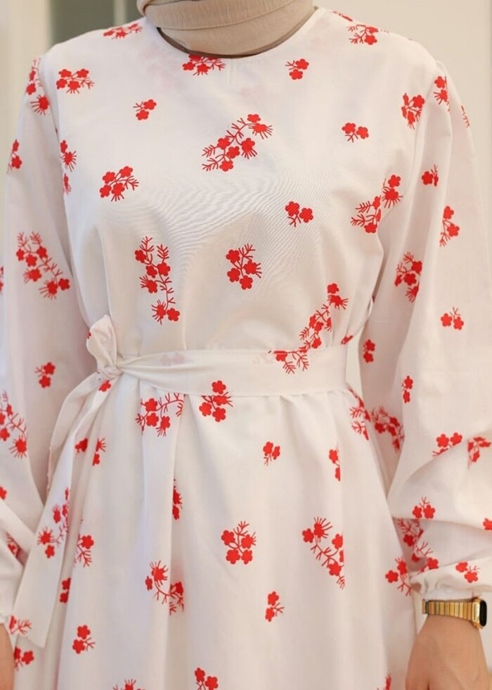 Beyaz Kırmızı Çiçekli Elbise - Görsel 2