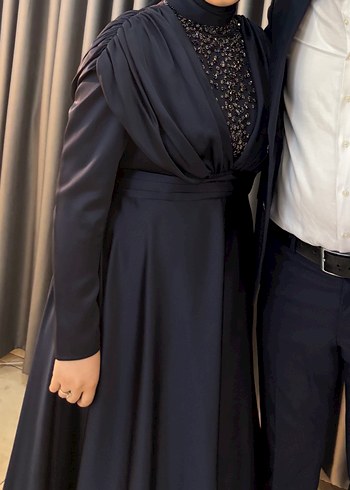Uzun lacivert Drapeli Kadın Abiye Elbise - Görsel 2