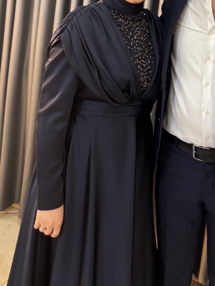 Uzun lacivert Drapeli Kadın Abiye Elbise - Görsel 2
